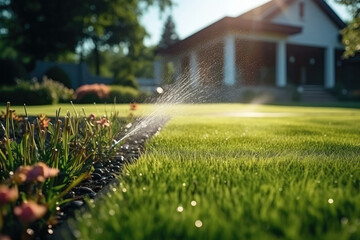 Lawn irrigation system in the yard of a private house - obrazy, fototapety, plakaty