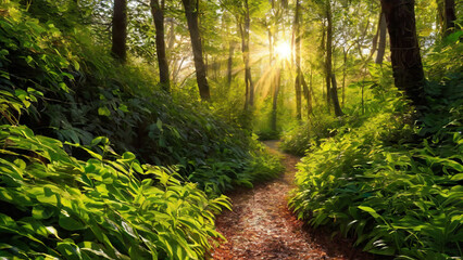 Enchanted Forest Path, Follow a winding path through an enchanted forest Sunlight peeks through the dense foliage, illuminating the way