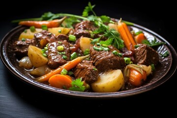 Savory Beef stew vegetables sauce. Meal recipe. Generate Ai