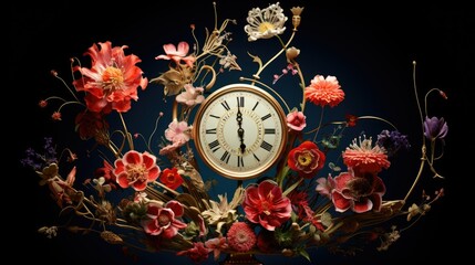  a clock with a bunch of flowers on it's face.  generative ai