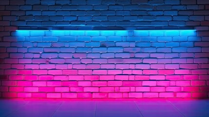 Brick wall with neon lights. Pink and blue electric light. Purple glow brickwall with copy space....