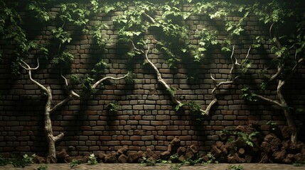 Fototapeta premium a brick wall with a tree growing on it and a bench in front of it. generative ai