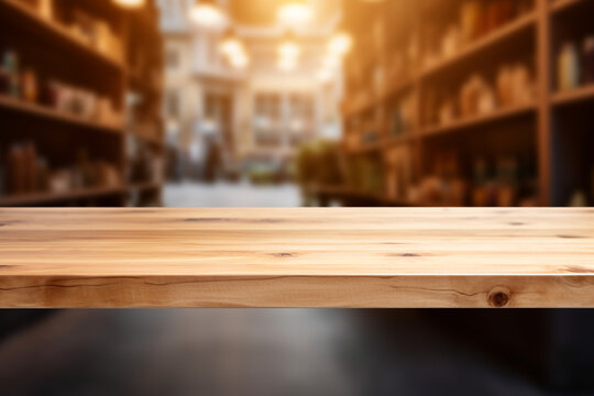 Top surface wood table with blurred grocery store  background.