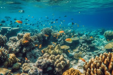 Fototapeta na wymiar Amazing diversity of underwater life. Beautiful coral fishes in the Red Sea. Generative AI