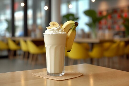 Yummy banana shake sits in a snug cafe. Generative AI
