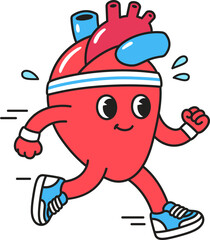 Cute cartoon heart character in sweatband and running shoes jogging and sweating. Healthy heart exercising, simple retro comic style illustration.