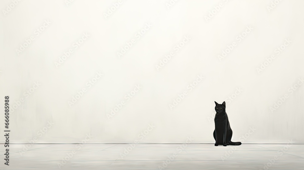 Poster a black cat sitting in front of a white wall with a black cat sitting on the floor. generative ai