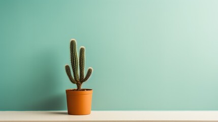  a cactus in a pot on a table against a blue wall.  generative ai - obrazy, fototapety, plakaty