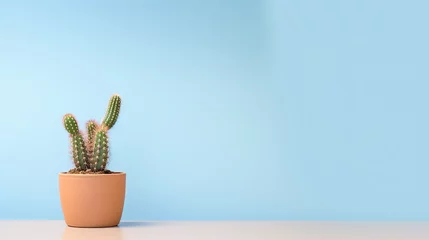 Foto op Canvas  a cactus in a pot on a table against a blue wall.  generative ai © Anna