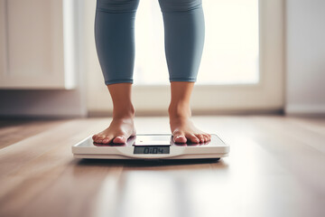Close up of woman bare feet standing on digital electronic weight scale at home. Diet and overweight concept. - obrazy, fototapety, plakaty