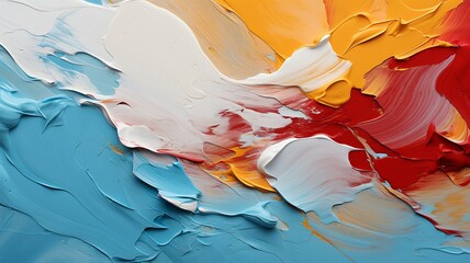 acrylic red, blue, and yellow paints are used to create an abstract backdrop. .