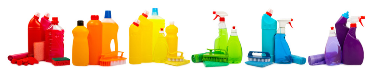 Bottles with various detergents isolated on a white background. Cleaning supplies.household cleaning tools and floor supplies.Cleaning agent for windows, toilets and plumbing fixtures. Rainbow - obrazy, fototapety, plakaty