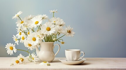  a vase of daisies and a cup on a table.  generative ai