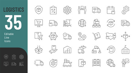 Set of editable logistics service icons. Vector illustration in modern thin line style of supply chain icons: loading, packing, shipping, and distribution, etc. Isolated on white