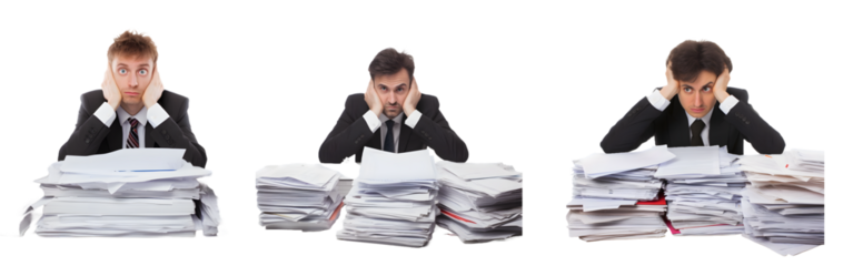 Businessman stressed by a lot of work, png background, white background, Generative Ai