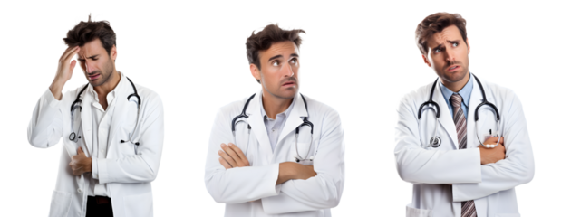 Male doctor under work stress, transparent png background, white background, Generative Ai