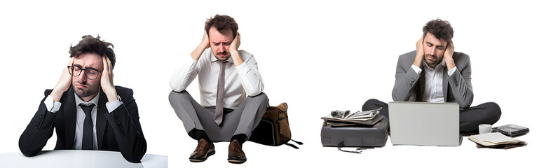 Businessman under work stress, transparent png background, white background, Generative Ai