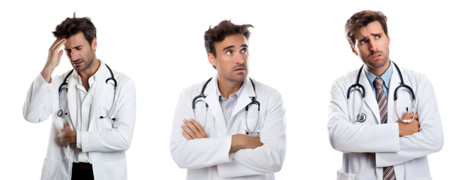 Male doctor under work stress, transparent png background, white background, Generative Ai