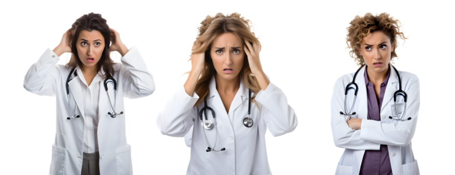 Female doctor under work stress, transparent png background, white background, Generative Ai
