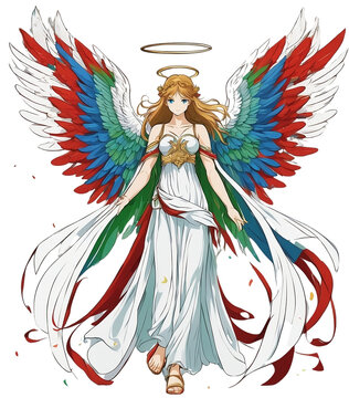 Angel,illustration, vector,colorized wings,white background,anime style,full body. Ai