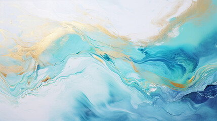 Beautiful white, blue and green pastel paint swirls with gold glitter, over elegant marbling background 
