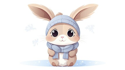  a cartoon bunny wearing a winter hat and scarf with snowflakes around it.  generative ai