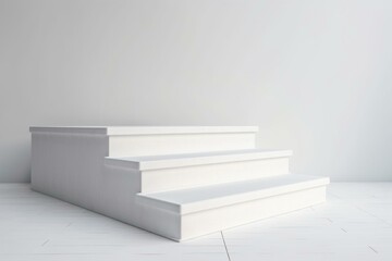 A white podium on the edge of step stairs against a white background. Generative AI