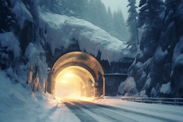 snow-covered entrance to tunnel, snowing, cars headlights. Generative AI