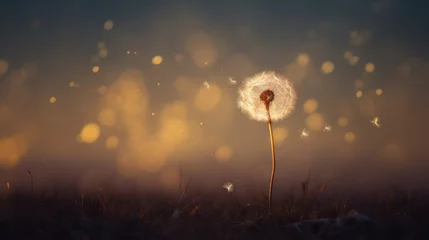 Fotobehang  a dandelion blowing in the wind on a field.  generative ai © Anna
