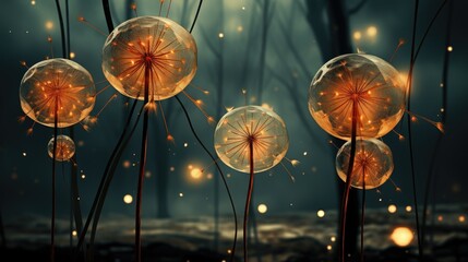  a group of dandelions with glowing lights in the background.  generative ai