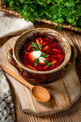 Traditional Ukrainian borscht with cream.