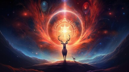  a deer standing in front of a colorful sky with a star in the center.  generative ai