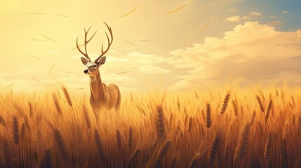  a painting of a deer in a field of wheat with the sun in the background.  generative ai
