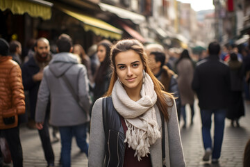 Portrait of beautiful woman standing on city street among people