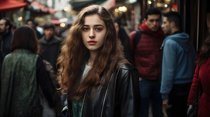Fototapeta na wymiar Portrait of beautiful young woman standing on city street among people
