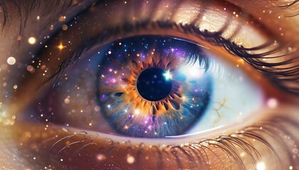 Macro Shot of Human Eye Reflecting Cosmic Expanse - obrazy, fototapety, plakaty