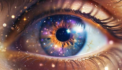 Foto op Plexiglas Macro Shot of Human Eye Reflecting Cosmic Expanse © 4K360