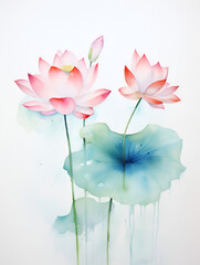 Lotus watercolor. Hand painted flower with leaves and branch isolated on white background. Romantic background for web pages, wedding invitations, textile, wallpaper. Symbol of yoga and meditation