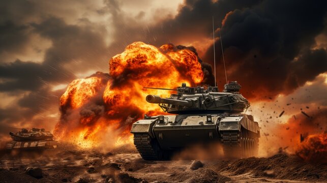 A modern tank in the middle of the battlefield, explosions, fog, war