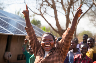 Solar panels installed in African villages to provide electricity in impoverished areas, happiness of citizens - obrazy, fototapety, plakaty
