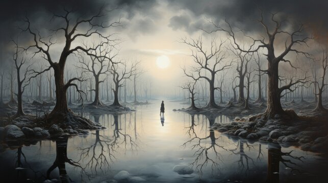  a painting of a person standing in the middle of a swamp.  generative ai
