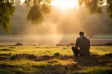 Man praying on field at sunrise, surrounded by dappled light Joyful celebration of nature in light