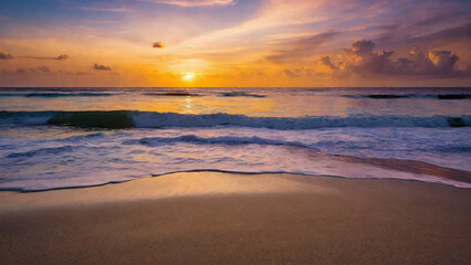 Obraz premium Experience the serenity showcasing a pristine beach, gentle waves, and a radiant sunset. The soothing sound of the ocean invites you to relax and unwind, Generative AI, Generative, AI