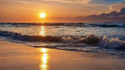 Fototapeta premium Experience the serenity showcasing a pristine beach, gentle waves, and a radiant sunset. The soothing sound of the ocean invites you to relax and unwind, Generative AI, Generative, AI