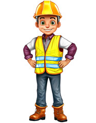 Cartoon 3D Render Construction Worker full body wearing helmet Hyper Detail on white background. isolated