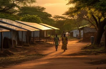 Solar panels installed in African villages to provide electricity in impoverished areas - obrazy, fototapety, plakaty