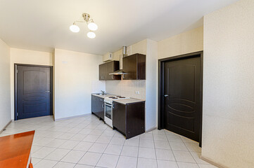 interior apartment kitchen and dining room, refectory area, cooking equipment, table furniture, stove