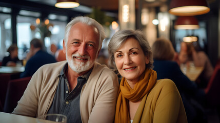 Portrait of happy senior couple are sitting at a table in cafe, elderly lifestyle people