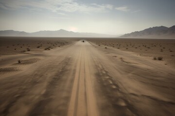 Fototapeta na wymiar An aircraft soars above a landing strip in a desert. Generative AI