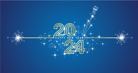 Happy New Year 2024 eve golden triple line design loading sparkle firework champagne open white blue vector wallpaper greeting card